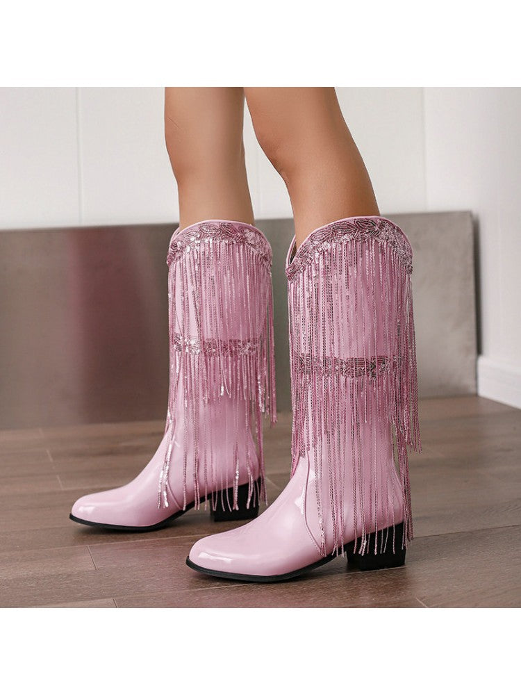 Tassel Solid Color Metallic Cowgirl Calf High Boots