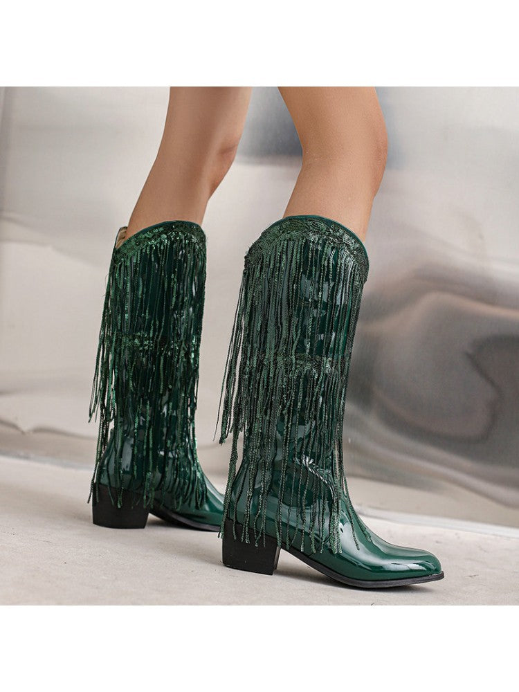 Tassel Solid Color Metallic Cowgirl Calf High Boots
