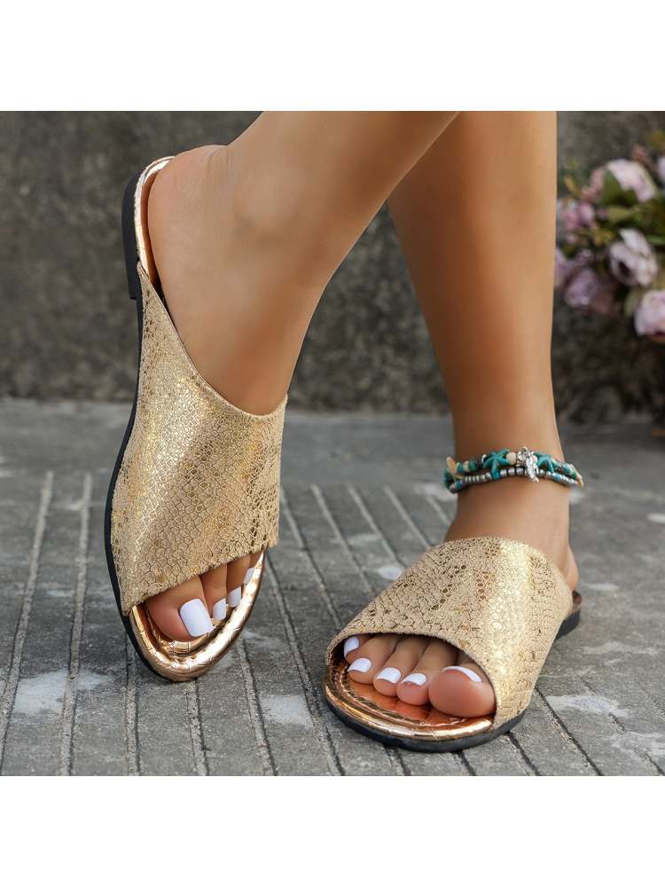 Snake Print Solid Color Flat Heel Slip On Sandals