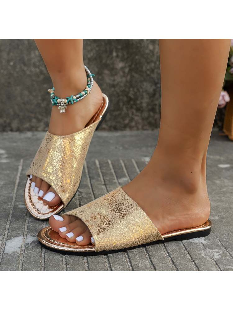 Snake Print Solid Color Flat Heel Slip On Sandals