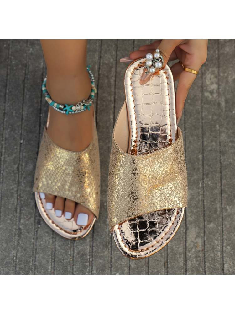 Snake Print Solid Color Flat Heel Slip On Sandals