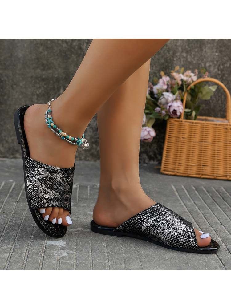 Snake Print Solid Color Flat Heel Slip On Sandals