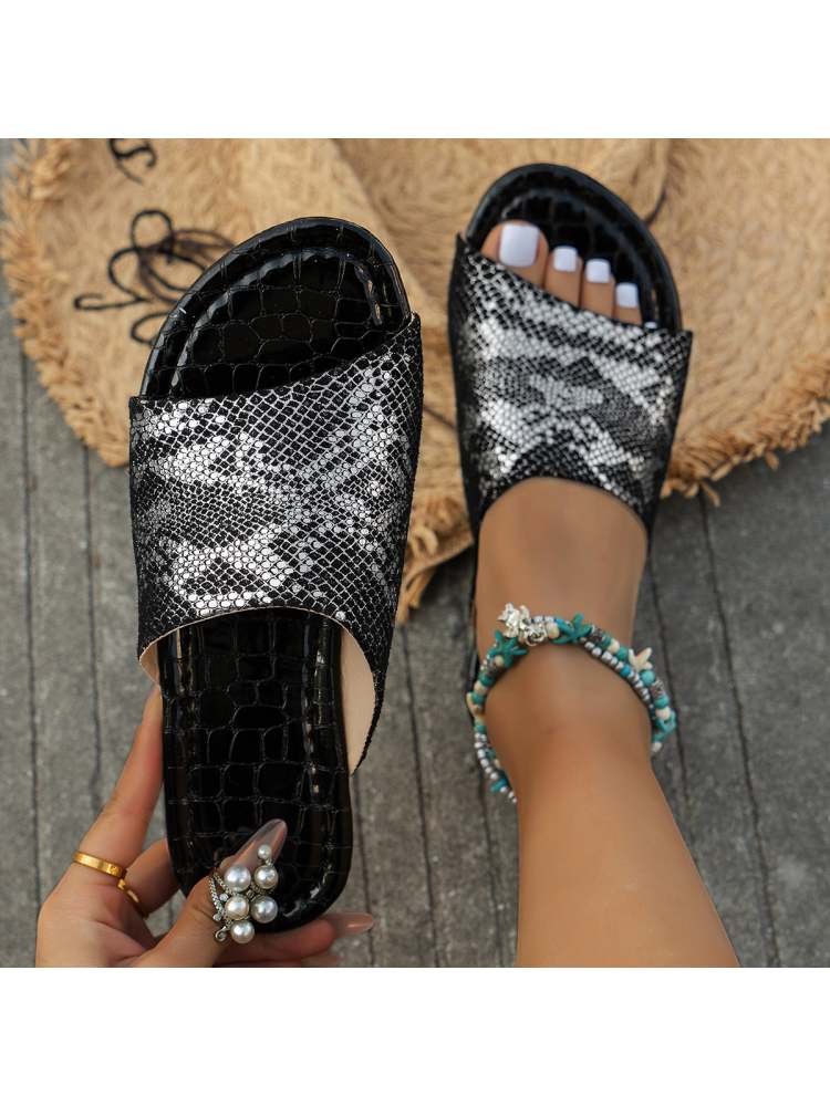 Snake Print Solid Color Flat Heel Slip On Sandals