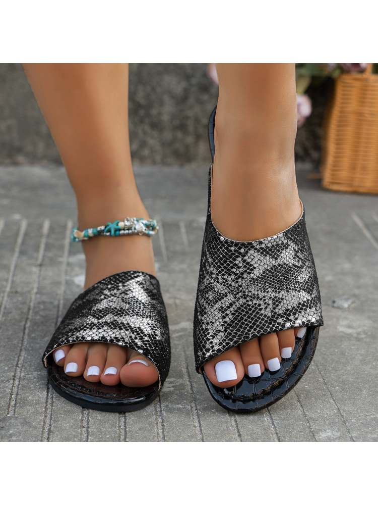 Snake Print Solid Color Flat Heel Slip On Sandals