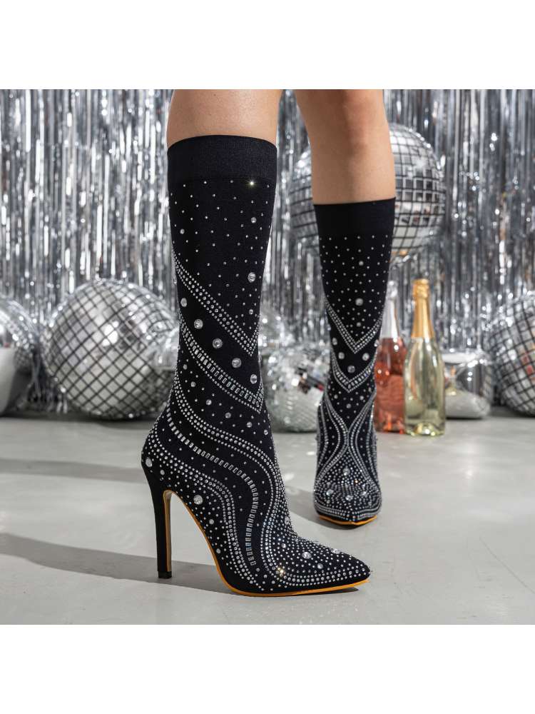 Rhinestone Pointed Toe Slim Heel Boots