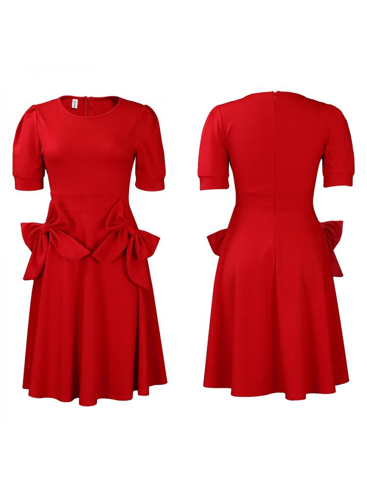 Bow Crewneck Puff Sleeve A-line Midi Dress