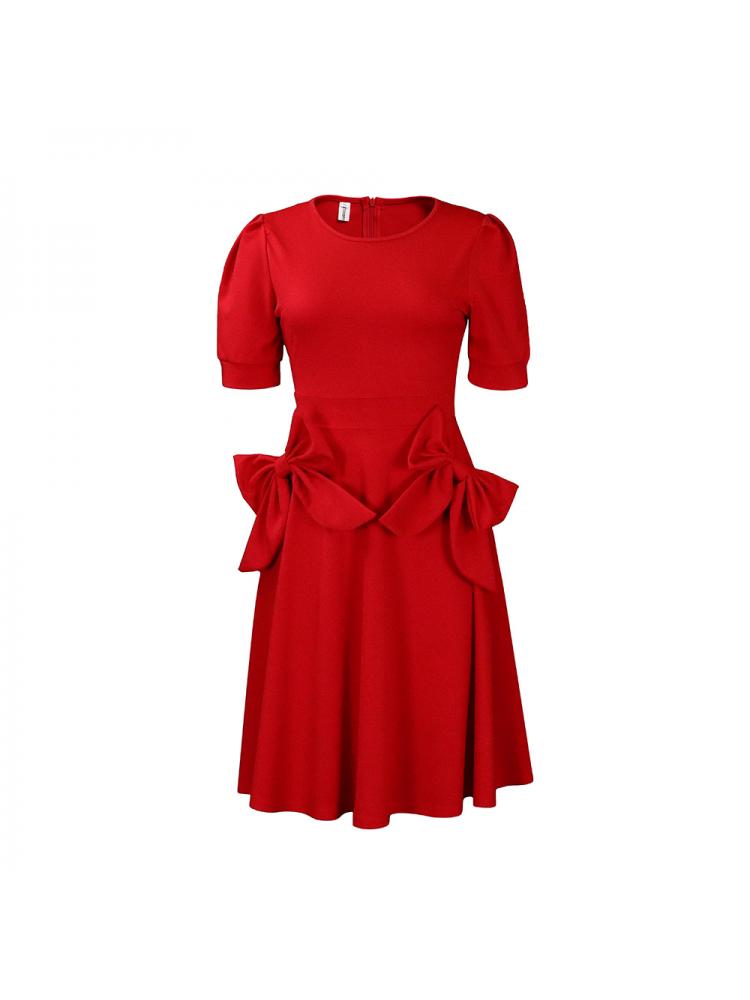 Bow Crewneck Puff Sleeve A-line Midi Dress