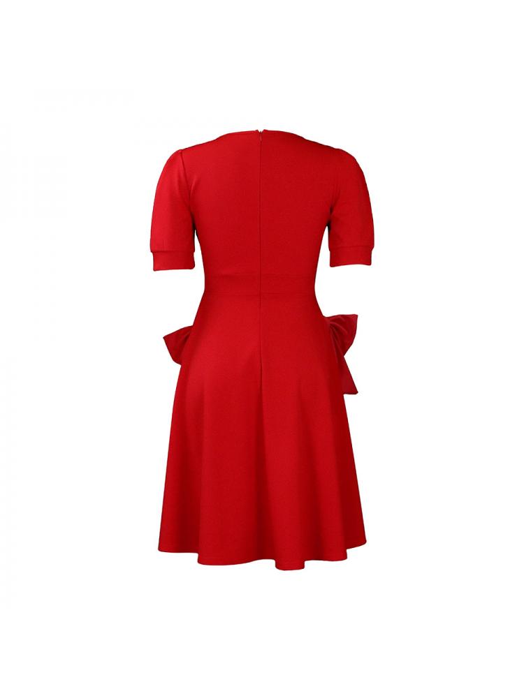 Bow Crewneck Puff Sleeve A-line Midi Dress