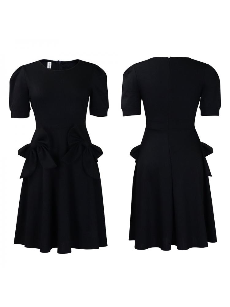 Bow Crewneck Puff Sleeve A-line Midi Dress