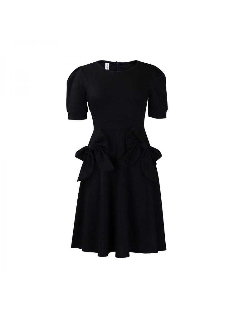 Bow Crewneck Puff Sleeve A-line Midi Dress