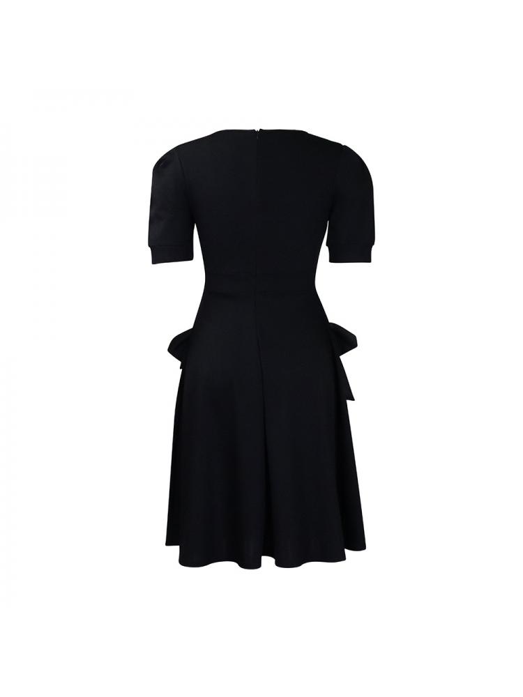 Bow Crewneck Puff Sleeve A-line Midi Dress