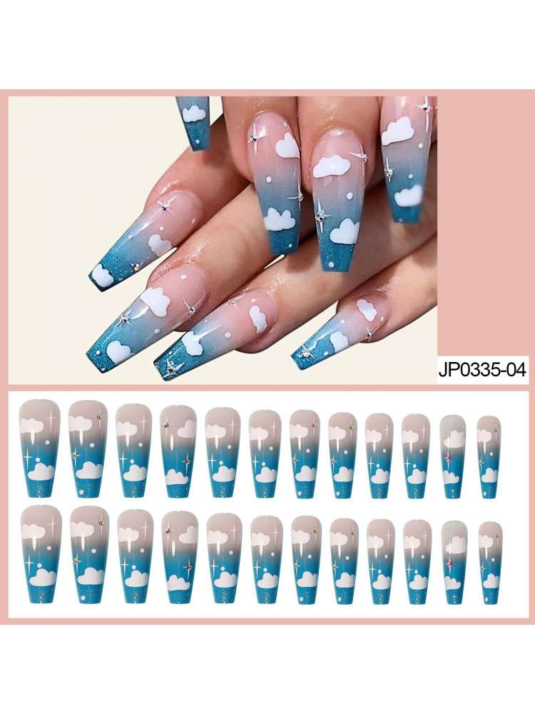 24Pcs*2 Press On Nails Fake Nails Short Square Glue On Nails With Cloud Diamonds Designs False Nail Patch
