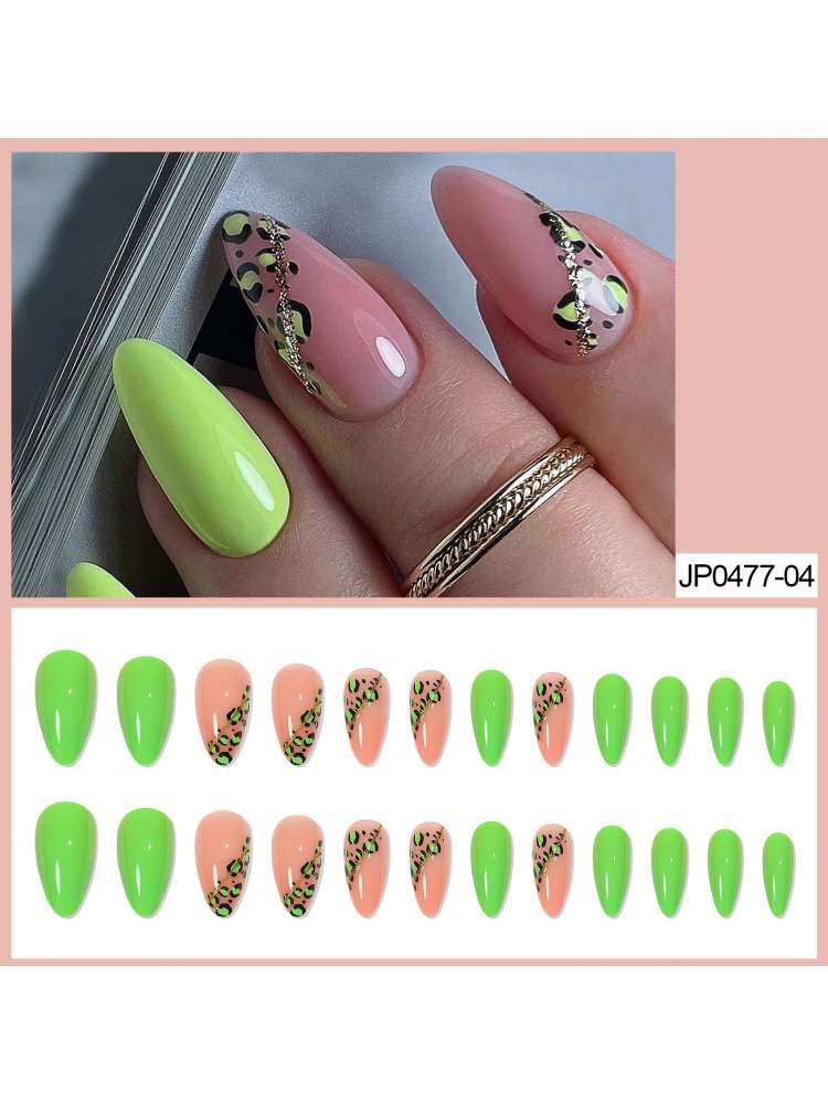 24pcs*2 Fluorescent Green Leopard Print False Nail Patch Long