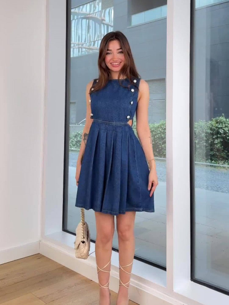 Ruched Hollow Out Denim Sleeveless Dresses