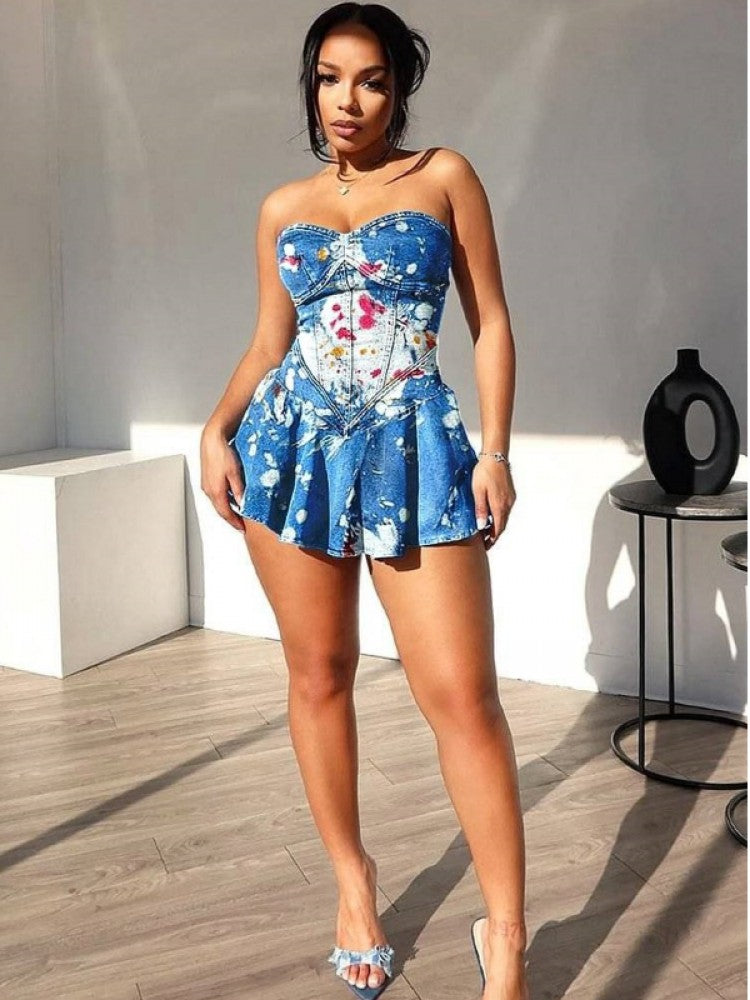 Denim Colorblock Strapless Ruffle Mini Dress