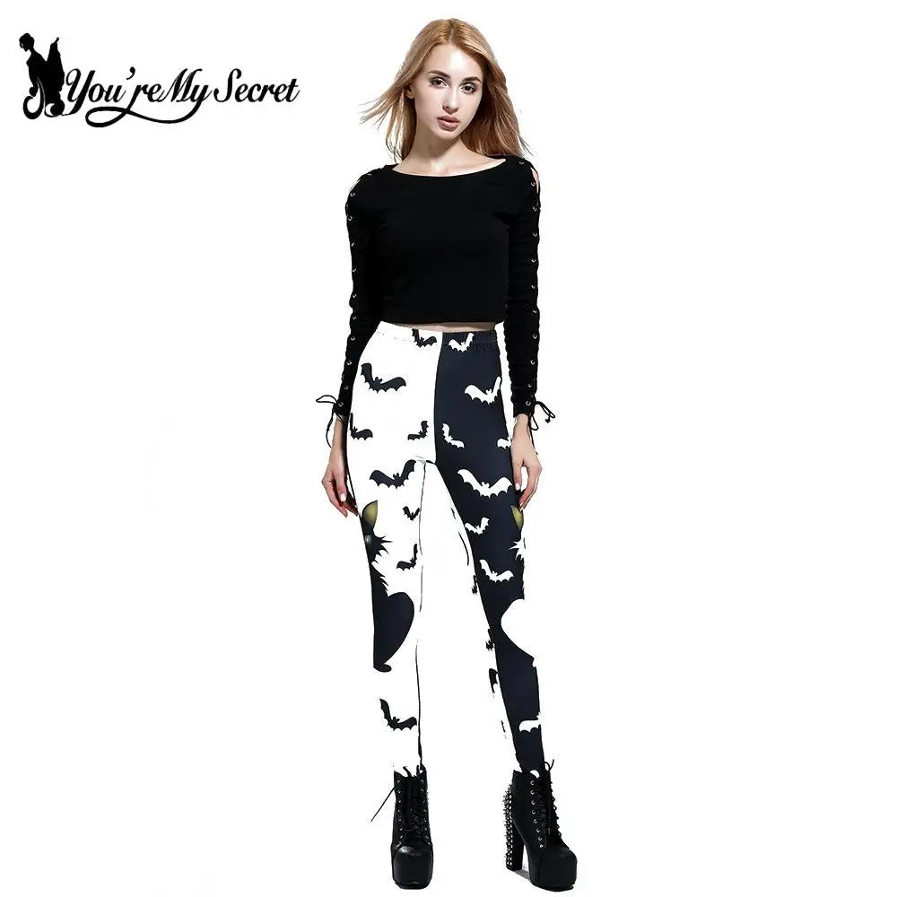 [You're MySecret] Sexy Sanding Women Cropped Pants High Waist Elastic Leggings Ouija Cat Cartoon Leggin Black White Bats Trouser