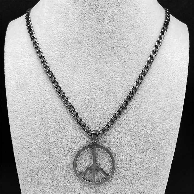 Goth Punk Peace Sign Symbol Pendant Necklace – Stainless Steel, Black Color, Hippie Charm for Women and Men, Party Choker Jewelry