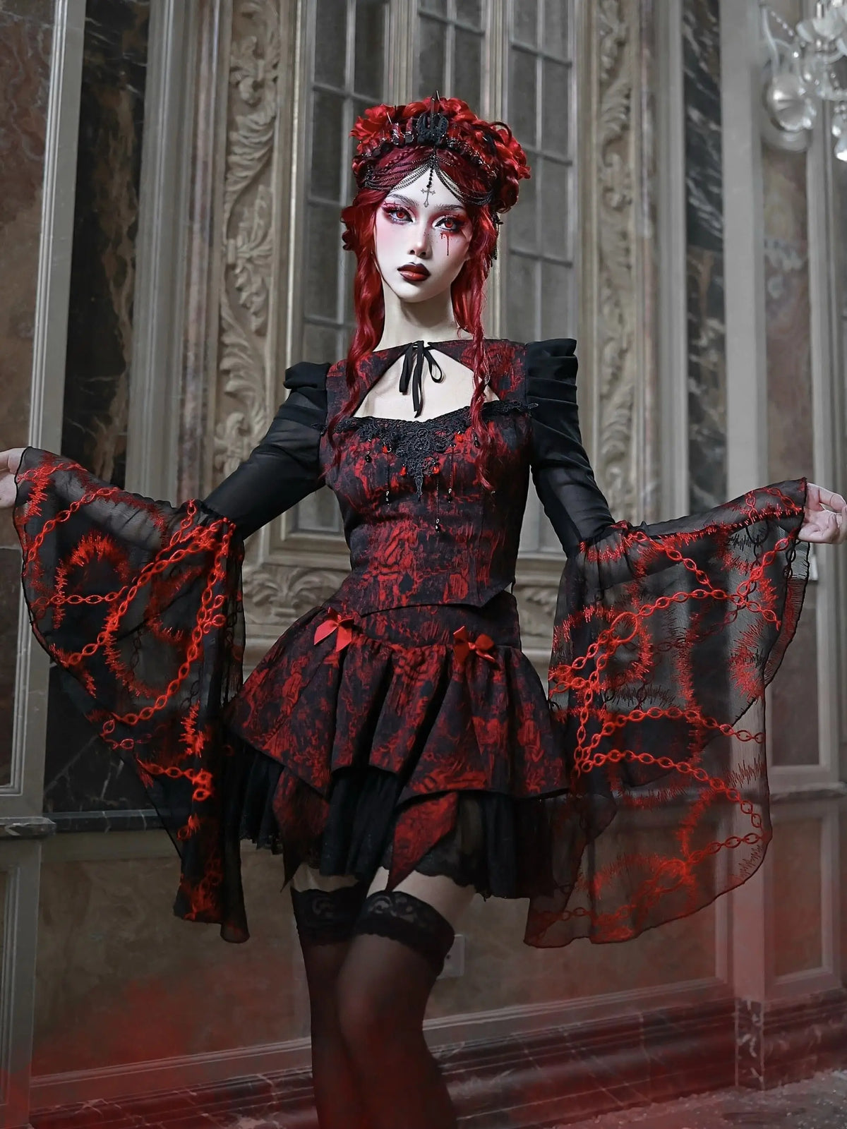 Blood Supply Original Gothic Blouse – Red & Black Rose Embroidered Lace, Long Flying Sleeves, Hollow Out Halloween Mesh Punk Top