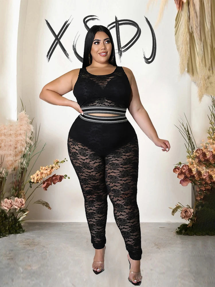 Plus Size Lace Tank Top and Pants Set | Night Club Outfits Tight Sexy Sheer Two-Piece Set