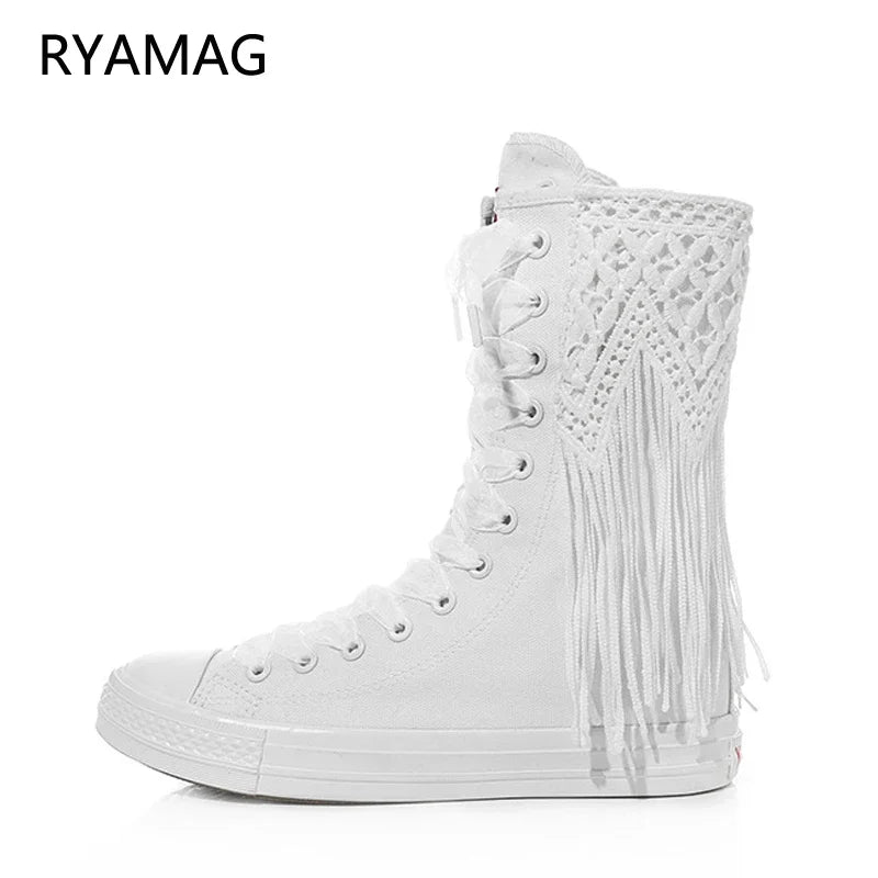 Ryamag New Women’s Short Beaded Tassel Canvas Boots - Embroidery Lace-Up Zipper Comfortable Vulcanized Sneakers