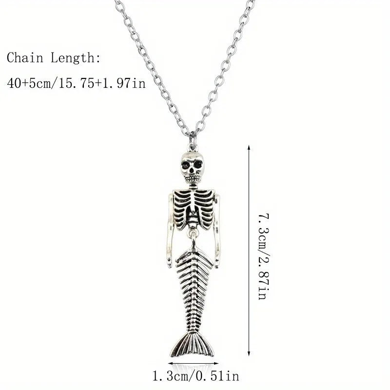 Gothic Skull Necklace with Mermaid Fish Tail Pendant | Punk Fashion Jewelry Set for Halloween Gift