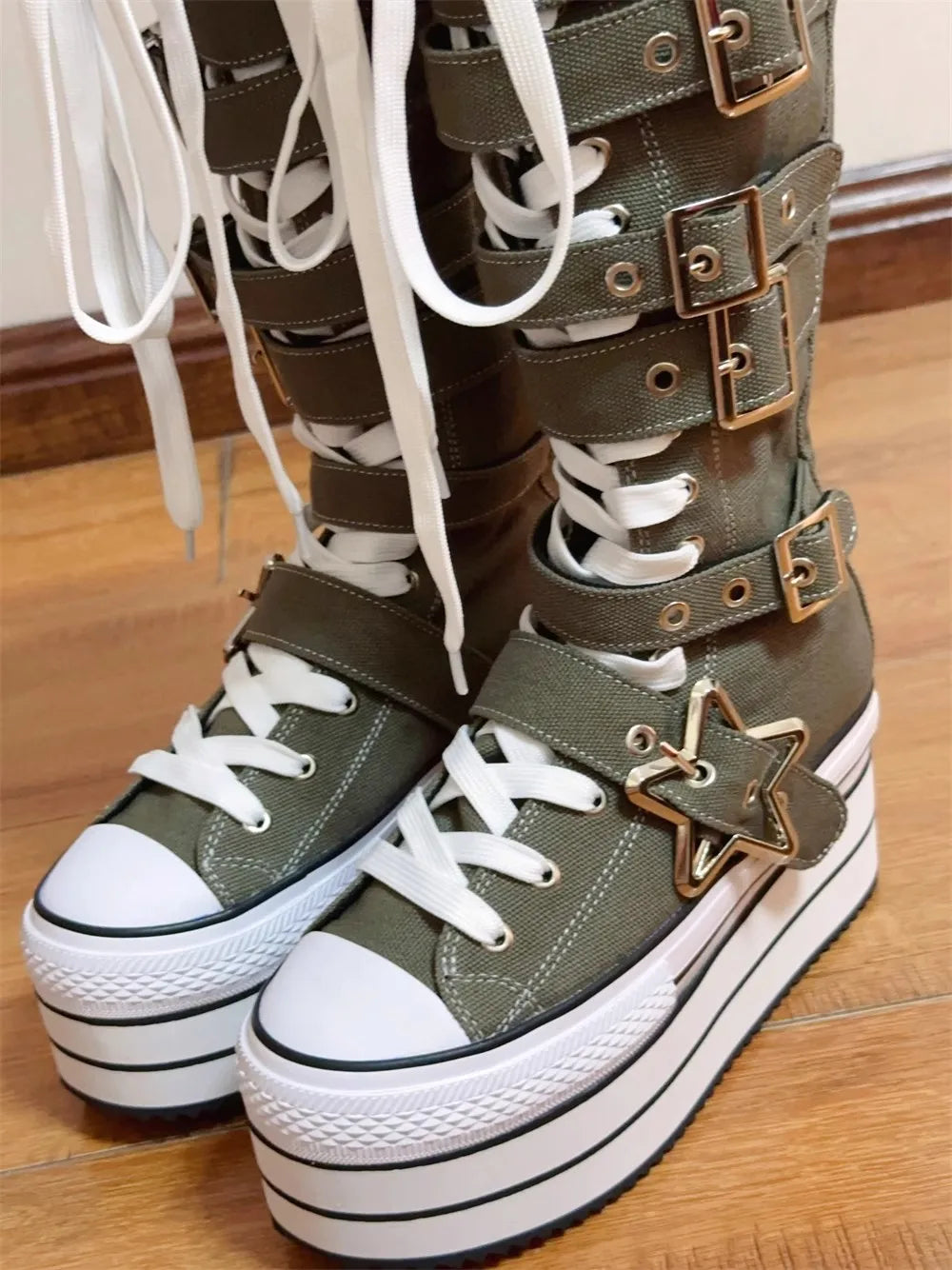 Women wasteland punk long Boots woman high wedges Heels pumps Lady Dress party shoes big toe army green customized canvas shoes