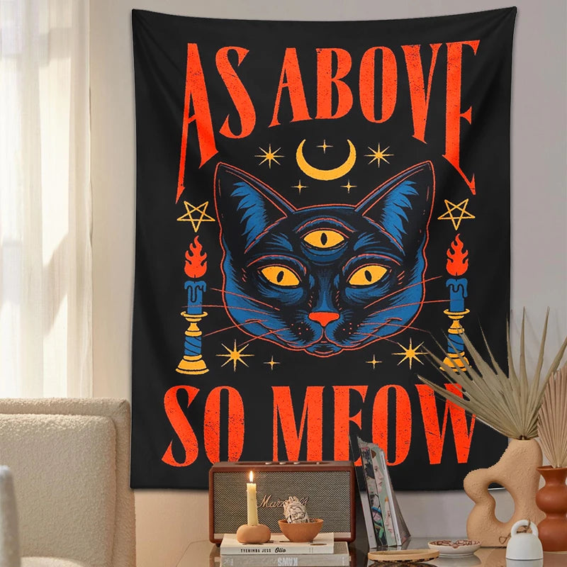 Cat Tarot Tapestry | Witchcraft Cat Wall Hanging | Psychedelic Boho Room Decoration