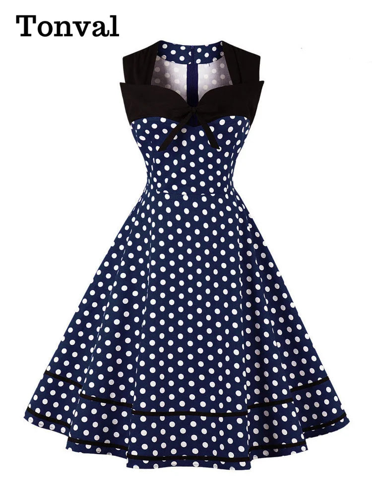 Tonval Polka Dot 1950S Tie Sweetheart Neck Summer Dress Women Party Elegant Vintage Sleeveless Rockabilly Pinup Dresses