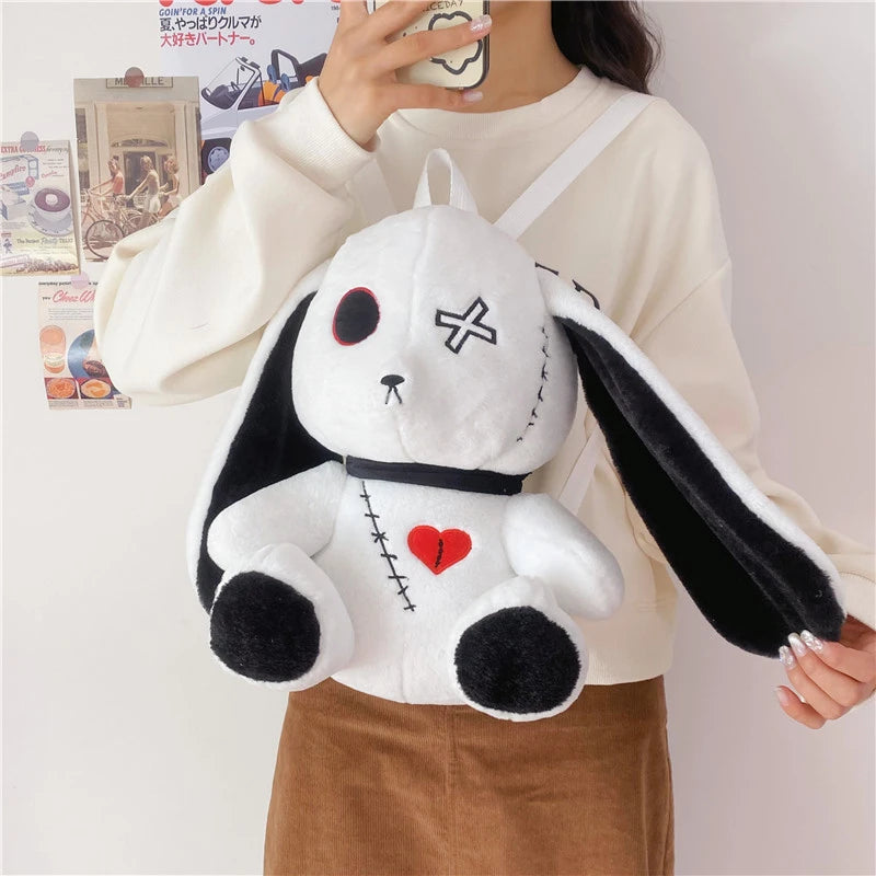 Kawaii Gothic Plush Rabbit Backpack - Cute Stuffed Animal Purse, Nightmare Before Christmas Aesthetic Bunny Doll Bag