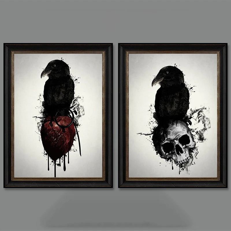 Raven and Skull Heart Grenade Poster - Black and White Crow Canvas Wall Art, Goth Aesthetic Decor