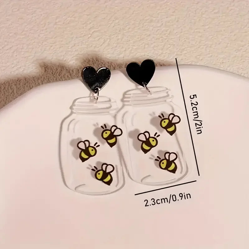 Acrylic Bee Bottle Design Dangle Earrings – Cute Cartoon Animal Playful Style, Everyday Casual Chic Jewelry, Perfect Gift