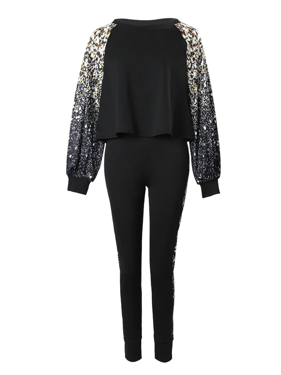 LW Plus Size Fall Two-Piece Set – Lantern Sleeve Sequined Print Top with Skinny Pants, Streetwear 2pcs Suit for Women