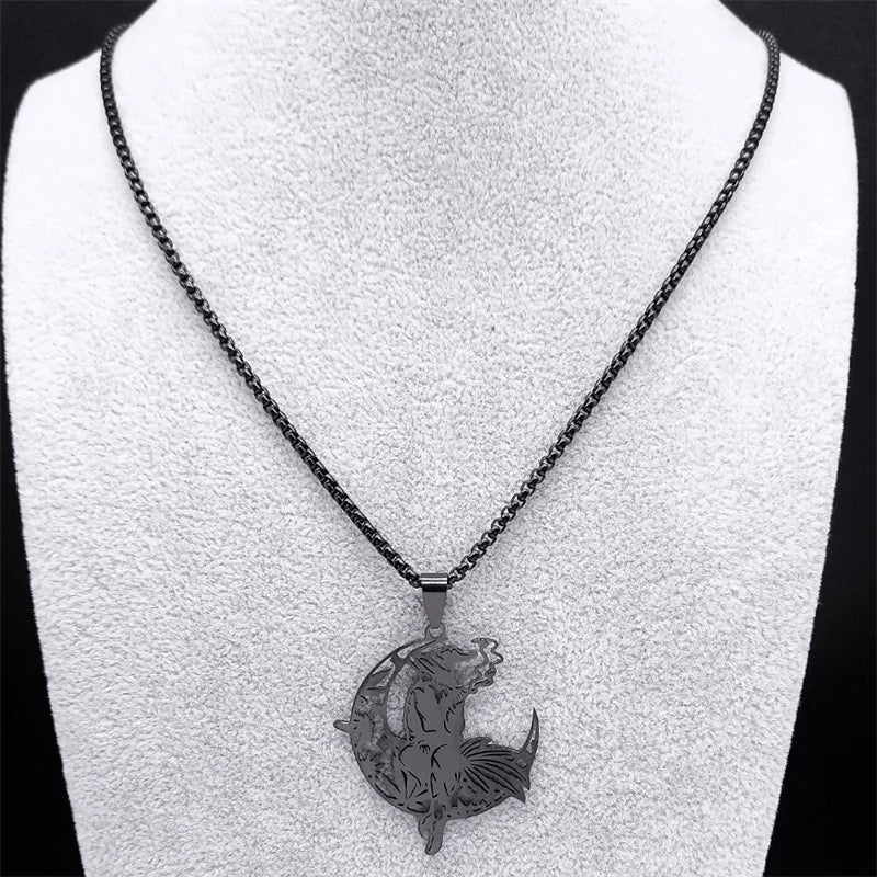 Gothic Black Hat Witch Smoking Pendant Necklace | Stainless Steel Punk Moon Leaf Chain Jewelry for Women/Men