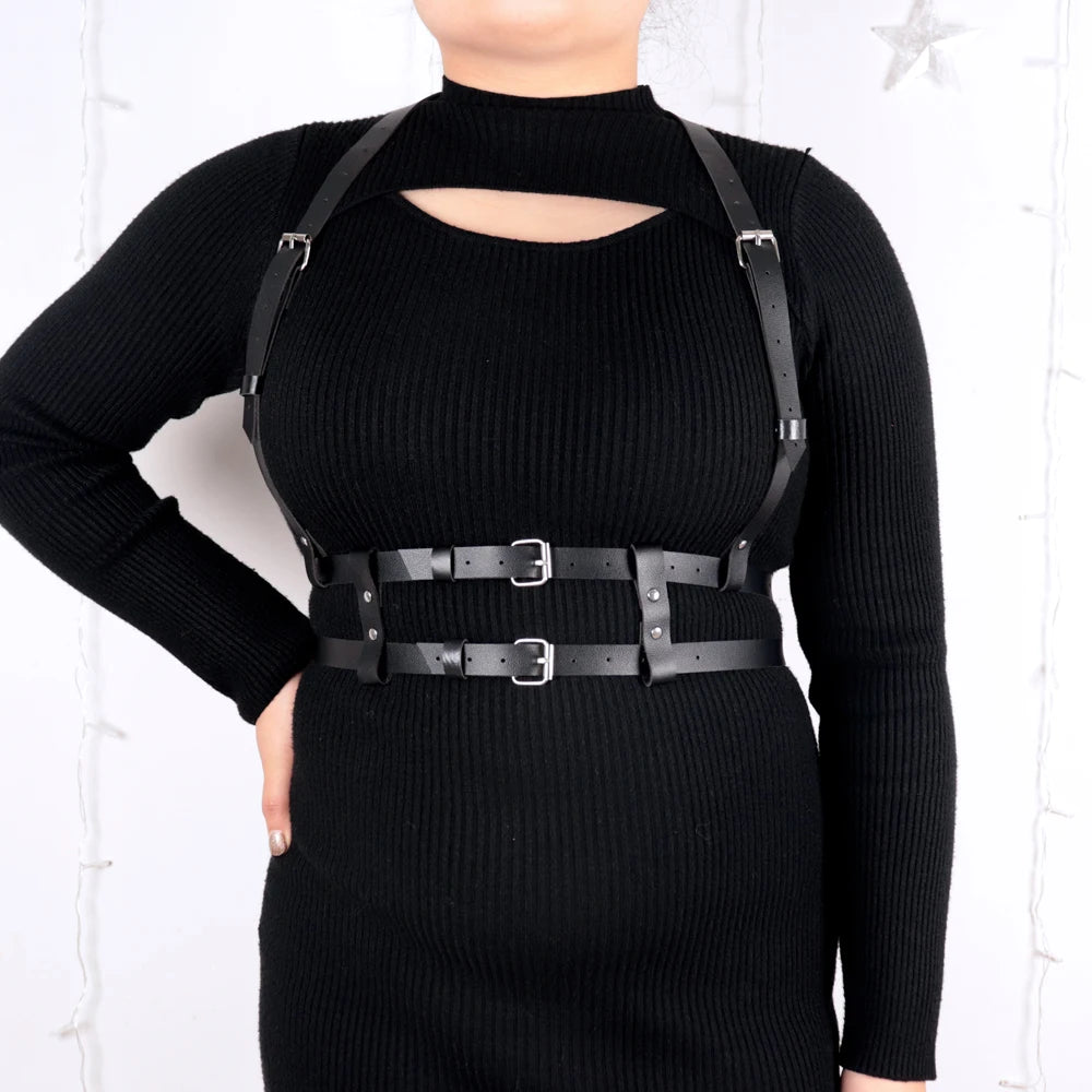 Plus Size Black PU Leather Waist Belt - Gothic Garters with Metal Circle Ring Design