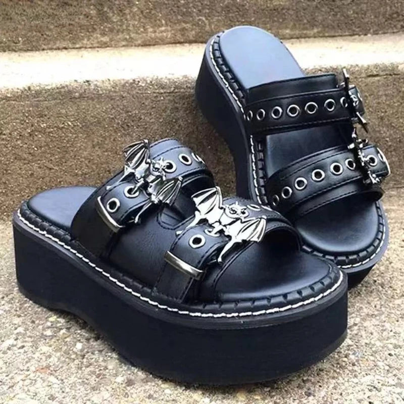 Goth Punk Thick Sole Chunky Bottom Platform Decorative Bat Belt Buckle Heel Women’s Summer Sandals