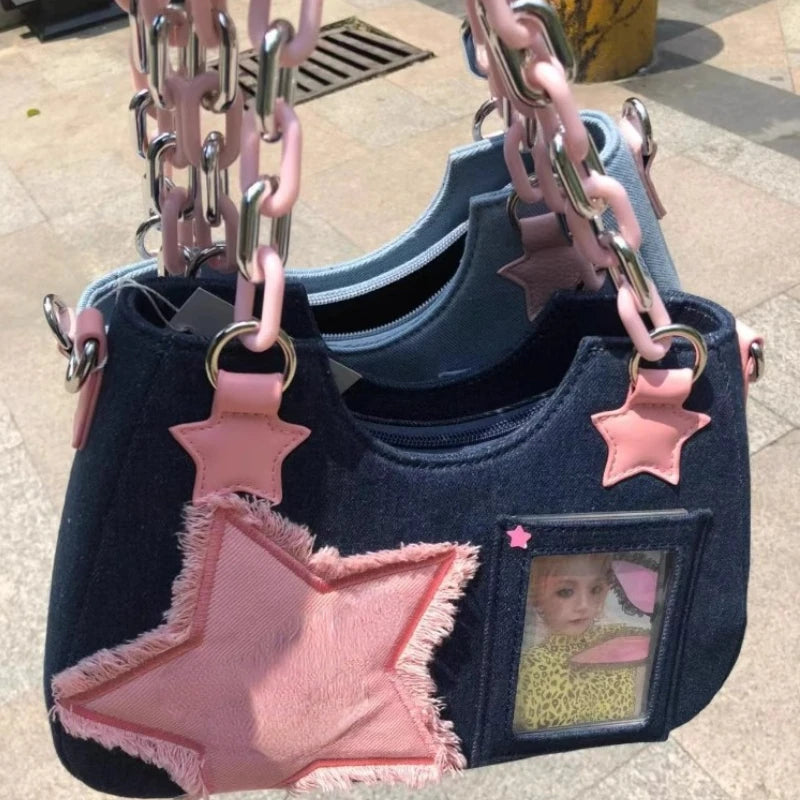 2024 Harajuku Star Denim Tote Bag - Luxury Chain Square Handbag for Women