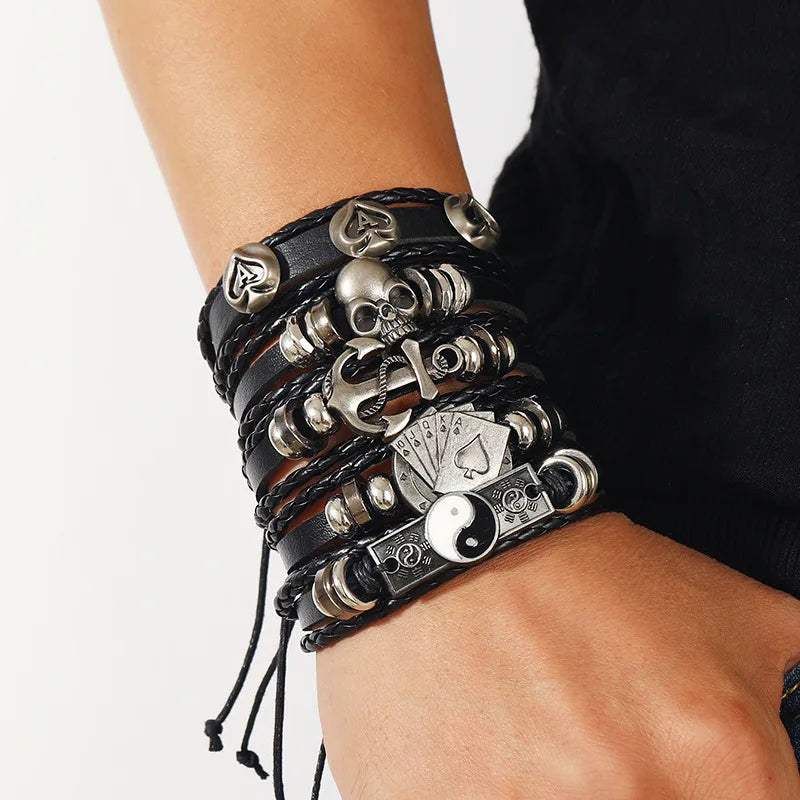 Men's Viking Skull Bracelet - Fashion Woven Leather Hand Jewelry, Adjustable Set