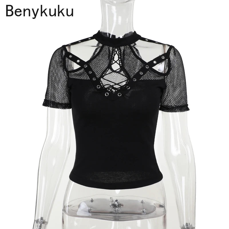 Goth Punk Fishnet Short Sleeve Crop Top – Women’s Gothic Hollow-Out Mesh, Mock Neck Slim Tee Shirt, Sexy Party Night Club Wear