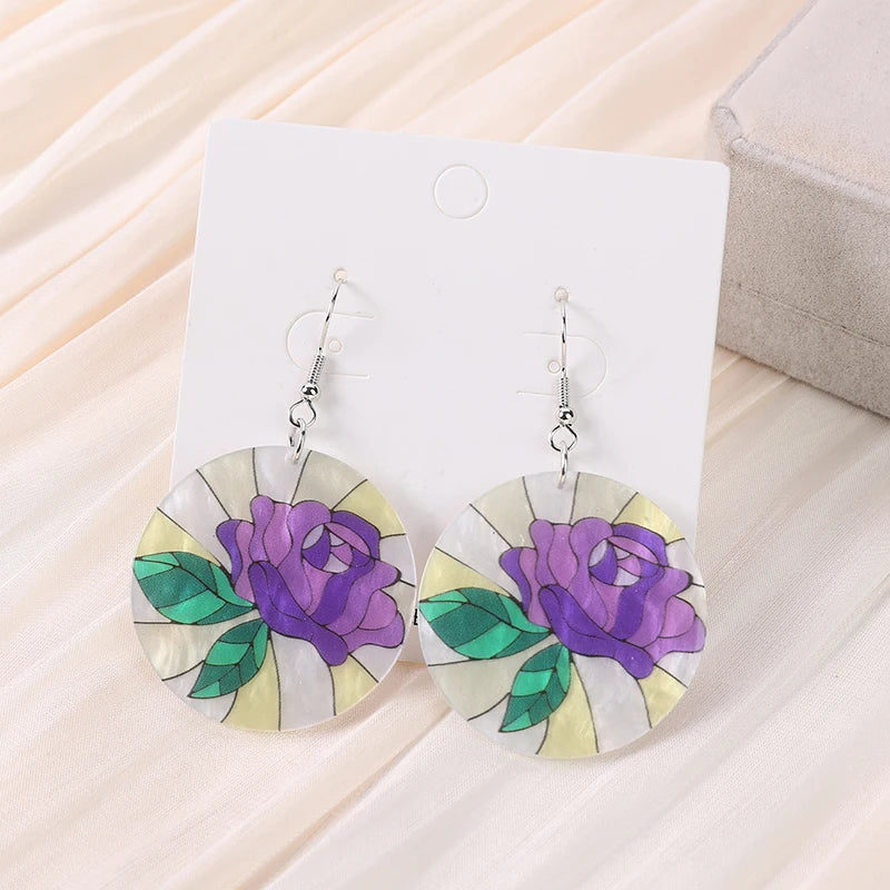 1 Pc Acrylic Dangle Earrings - Stained Glass Look with Rose and Cloud Floral Designs, Perfect Gift for Girls and Women