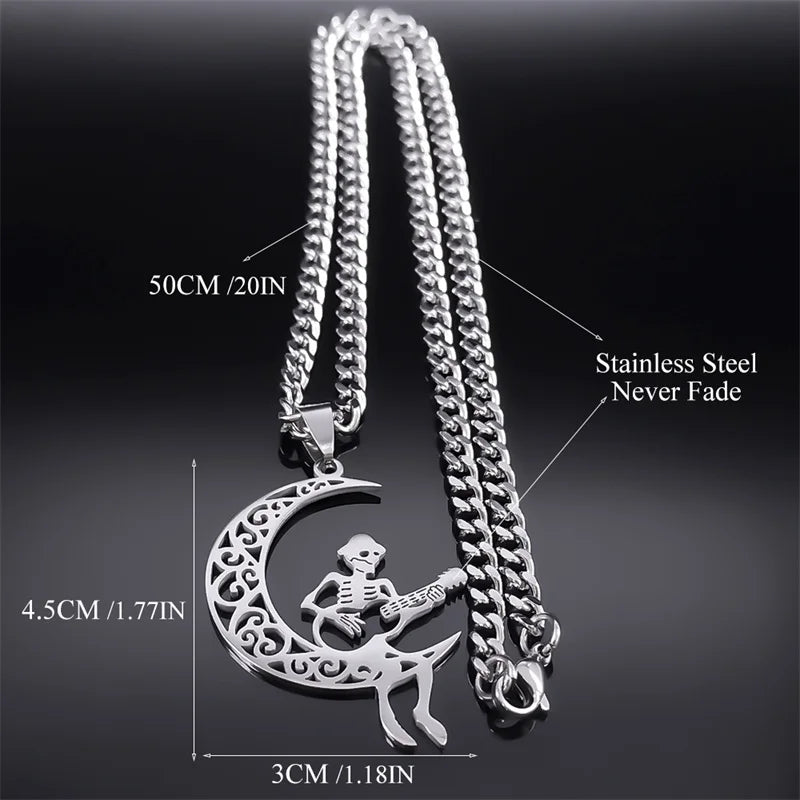 Moon Crescent Skeleton Skull Guitar Necklace – Stainless Steel Silver Jewelry for Women