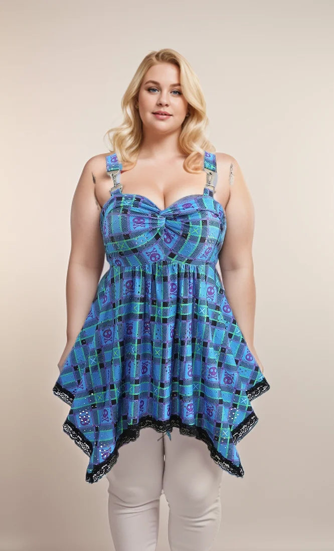 ROSEGAL Plus Size Women's Spring Summer Tops | Plaid Skulls Print Vest with Lace Trim, Twist Cut-Out, and Asymmetrical Hem