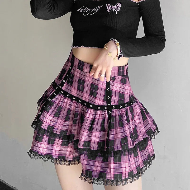 FICHOR Mall Goth Lace Ruffle Mini Skirt | Harajuku Fairy Grunge Pink Plaid Pleated Skirt