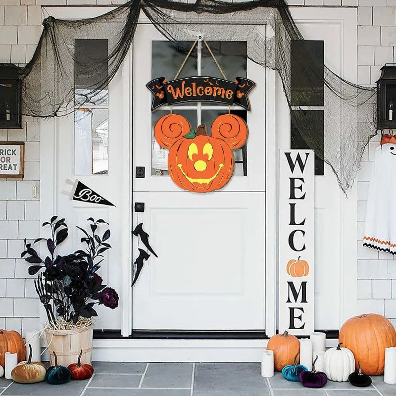 Wooden Halloween Mouse Head Pumpkin Decoration Welcome House Sign Home Window Wall Wooden Door Decoration