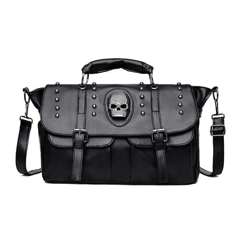 Annmouler Punk Style Women’s Handbag – PU Leather Skull Tote Bag, Black Large Capacity Shoulder & Crossbody Bag