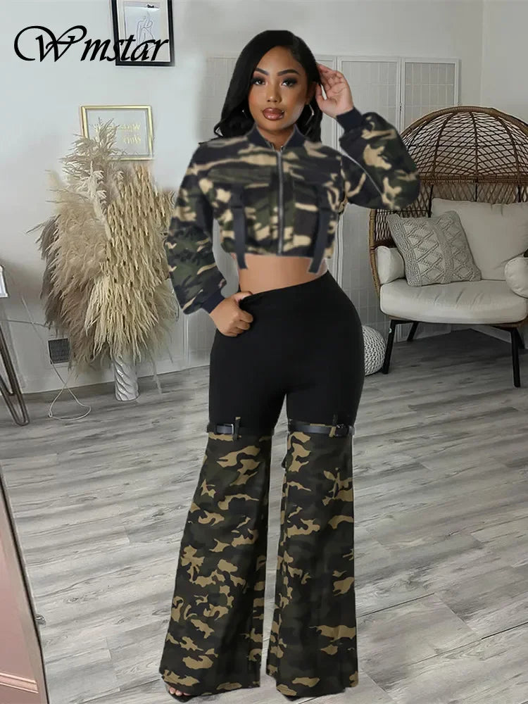 Wmstar 2Piece Set Women Casual Camouflage Top Pants Sets Flared Legings Matching Tracksuit Fall Clothes Wholesale Dropshipping