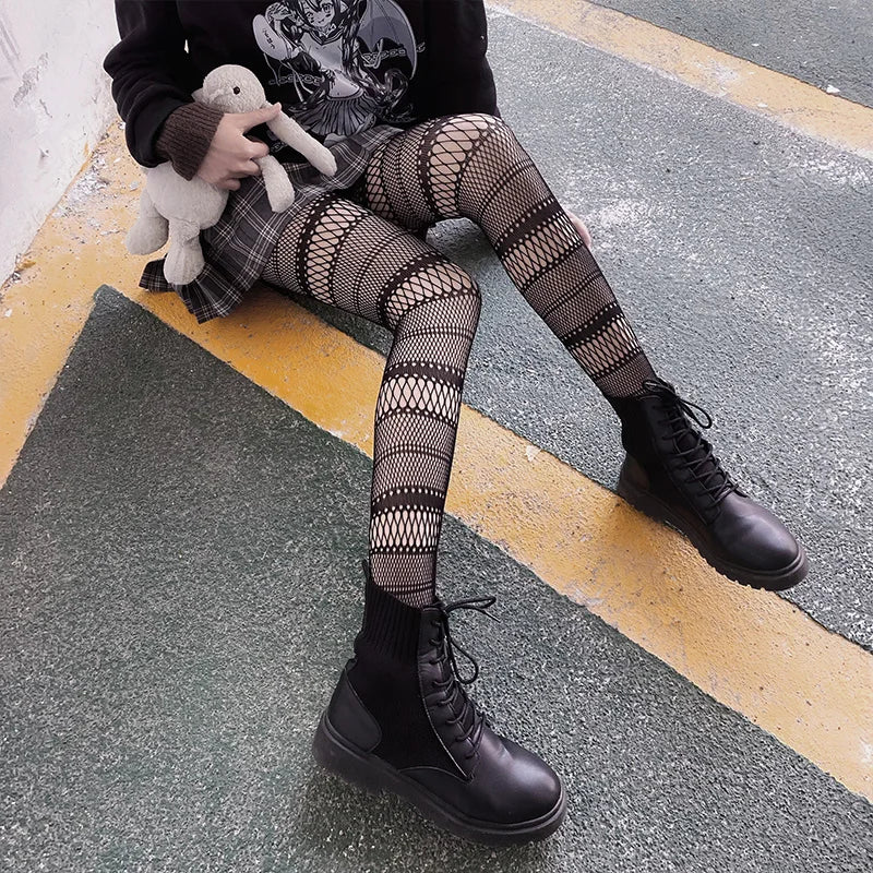 Women Girls Goth Punk Sexy Sweet Fishnet Pantyhose Stockings Harajuku Stripe Cross Pattern Tights Large size Mesh Socks Leggings