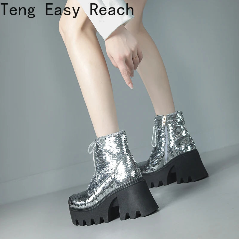 Women's Punk Platform Sequin Ankle Boots Fall/Winter Fashion Round Head Zipper Motorcycle Ankle Boots Sizes 33-43