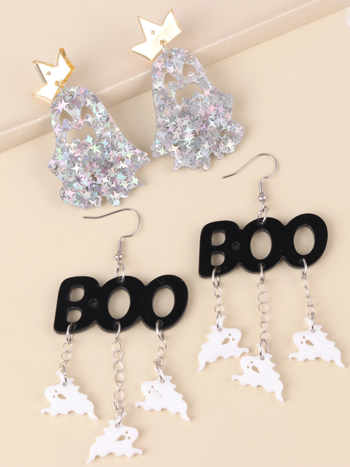 Exaggerated Sparkling Stars & Ghost Acrylic Dangle Earrings – Halloween Pendant Ear Jewelry, Perfect for Gifts