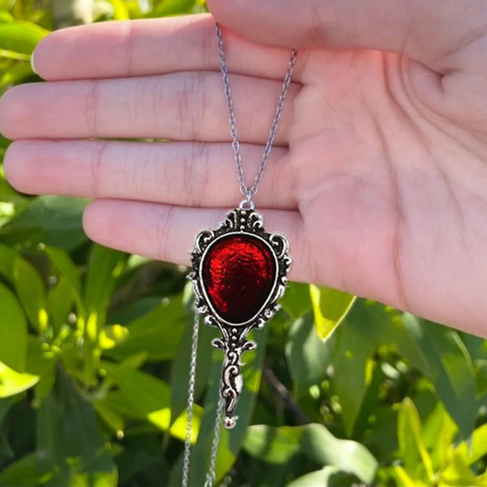 Dark Gothic Vampire Bloody Mirror Necklace - Burning Heart Pendant in Victorian Style Jewelry