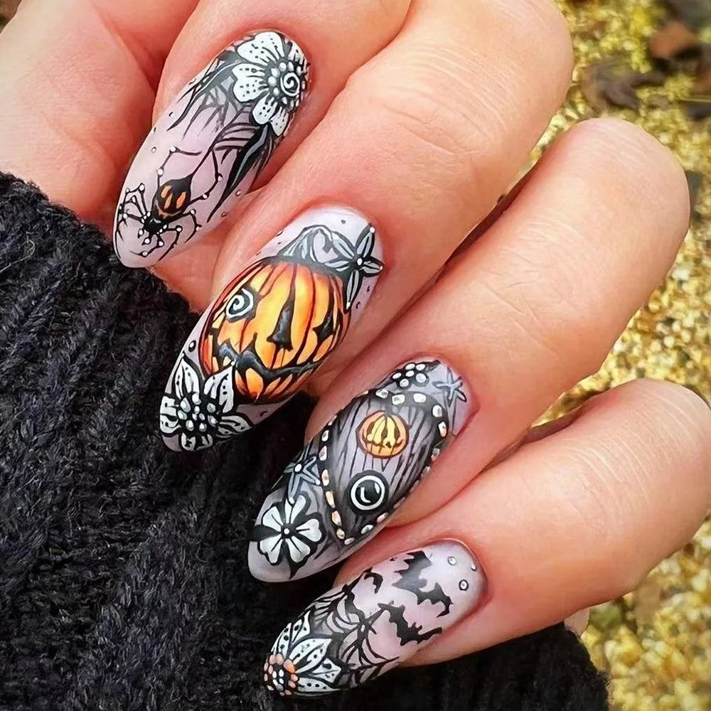 24pcs Matte Almond Halloween Press-On Nails – Pumpkin, Bat, and Spider Full Cover DIY False Nail Tips